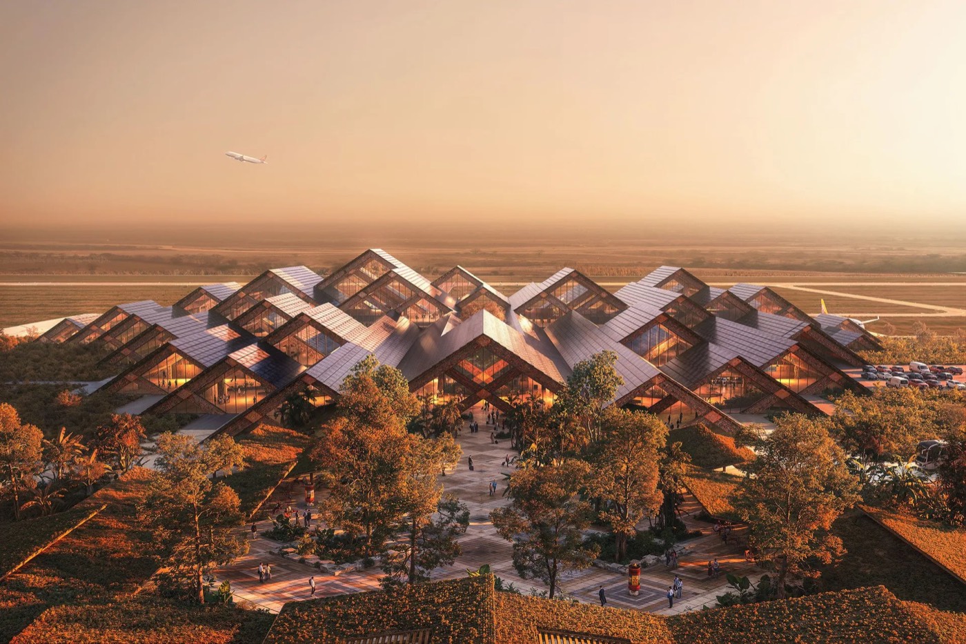 Aerial render of Gelephu International Airport's mass-timber terminal
