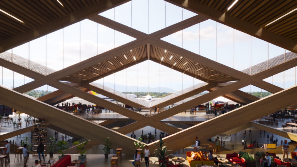 Interior render of the Gelephu airport terminal with its diagonal timber lattice roof