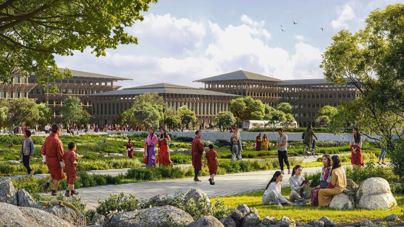 Render of a civic plaza at Gelephu Mindfulness City