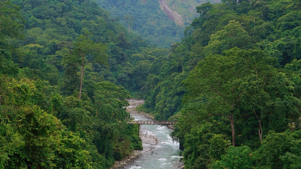 A river and footbridge in the Gelephu area of southern Bhutan