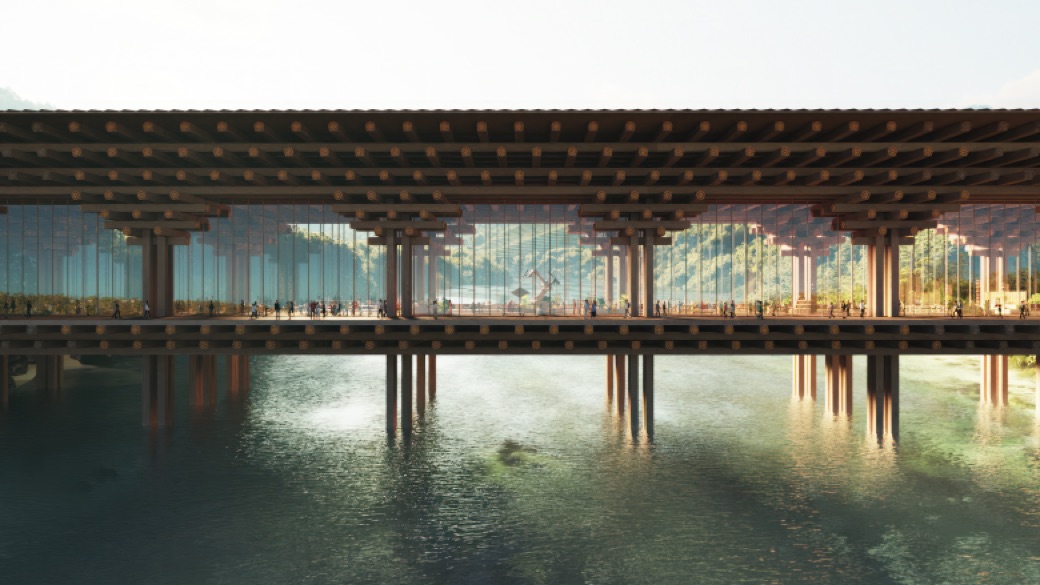 Render of an inhabitable bridge over water at Gelephu Mindfulness City