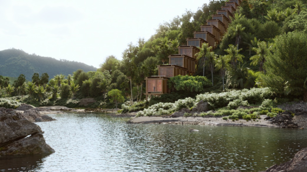 Render of terraced riverside dwellings at Gelephu Mindfulness City