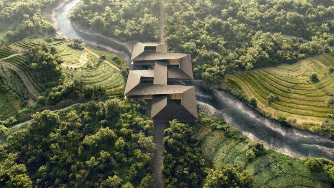 Render of a temple-dam straddling a river in the Gelephu Mindfulness City master plan