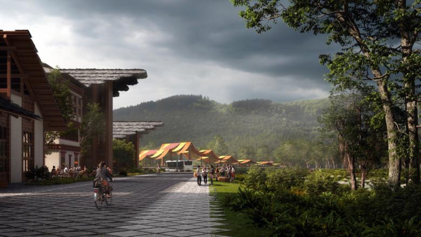 Render of a street and market plaza at Gelephu Mindfulness City