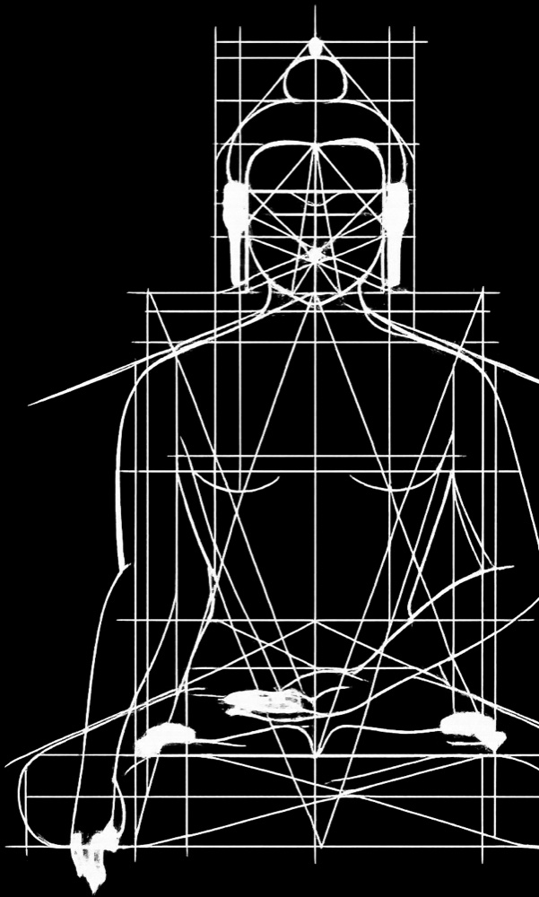 Geometric proportion study of a seated Buddha, illustrating the traditional grids used in Buddhist iconography