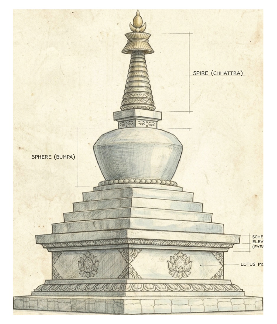 Architectural elevation of a Jangchub Chorten showing the base, dome (bumpa), spire rings (khorlo) and crown