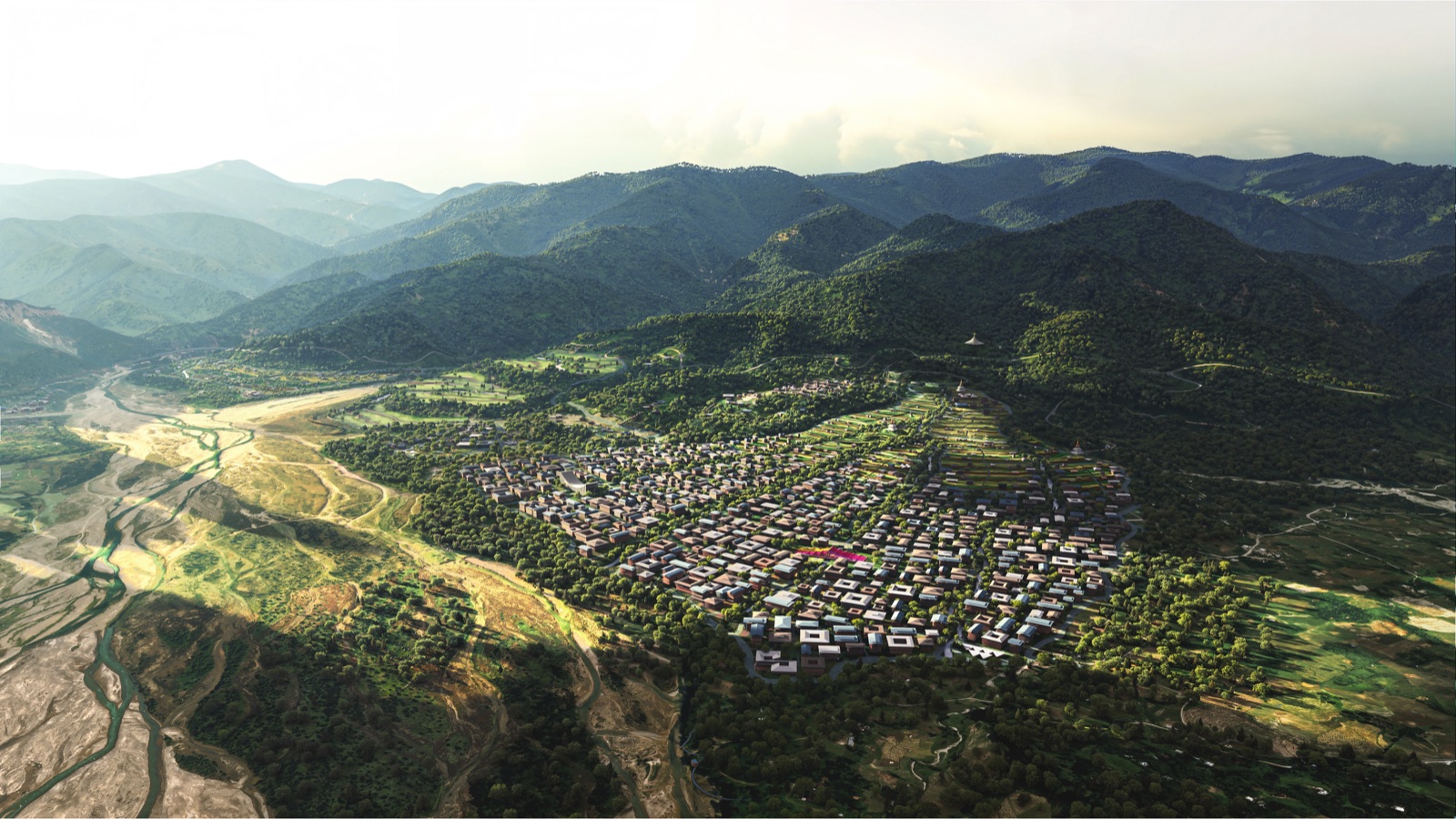 Render of the Mau Chhu valley site at Gelephu Mindfulness City where Project 108 will be built
