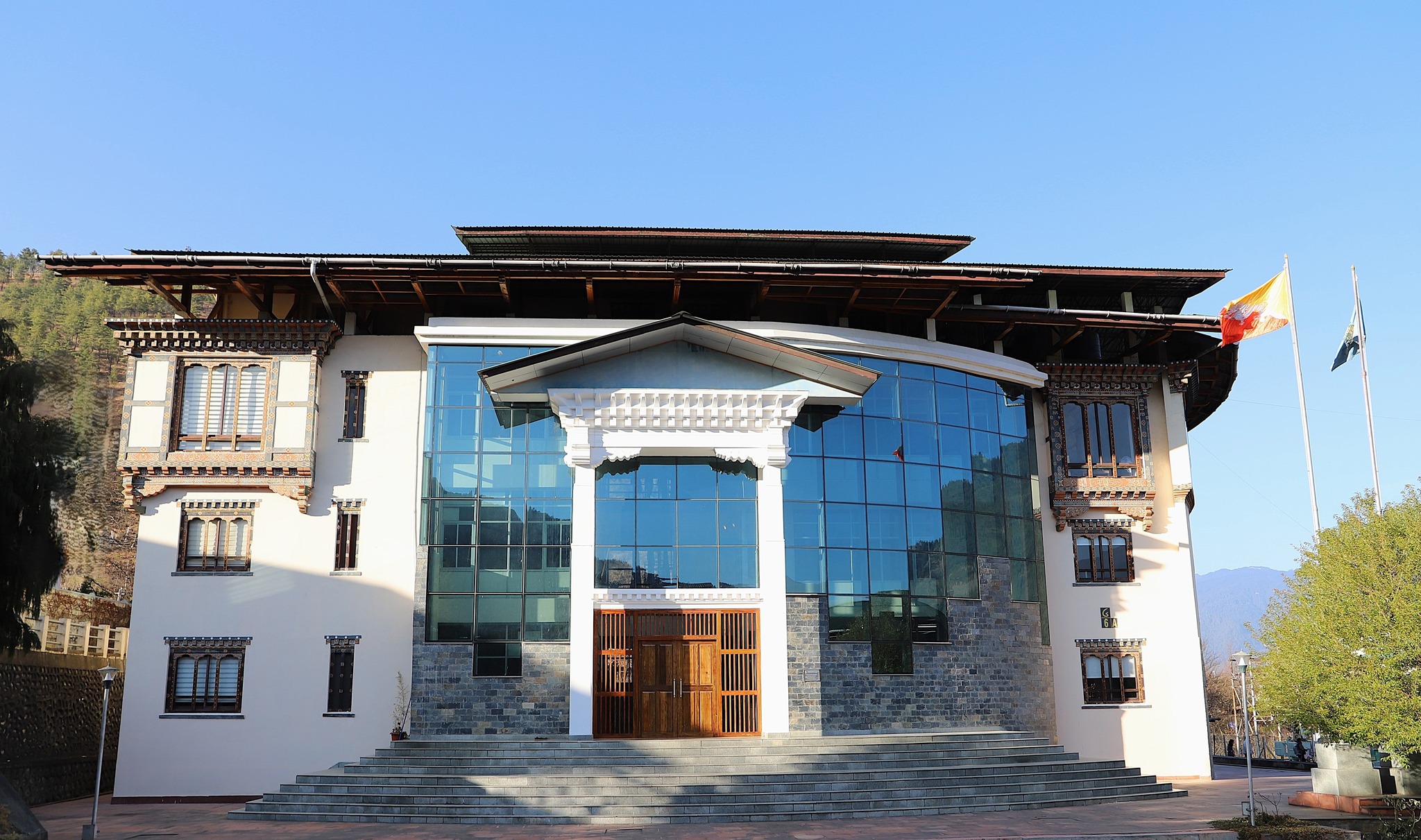 The Royal University of Bhutan's central office building in Thimphu, in traditional Bhutanese architectural style