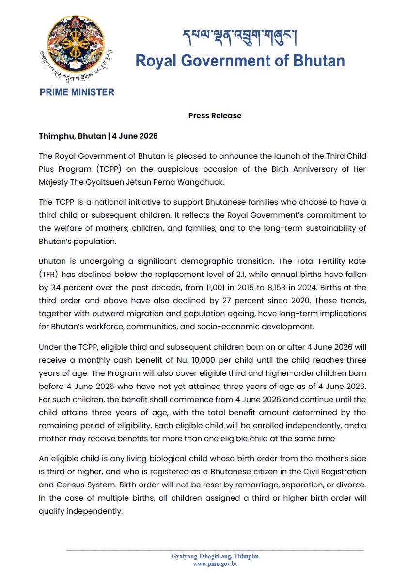 Prime Minister's Office press release announcing the launch of the Third Child Plus Program, dated 4 June 2026